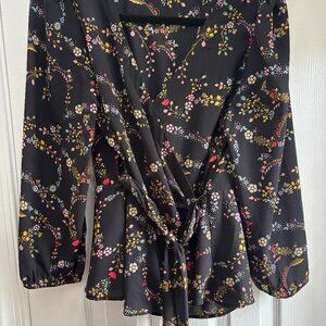 Loft wraparound blouse, size medium, black with multicolor pattern, holiday